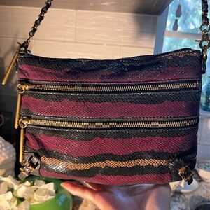 Elliott Lucca Messina three zip Black and Purple Leather Crossbody Bag